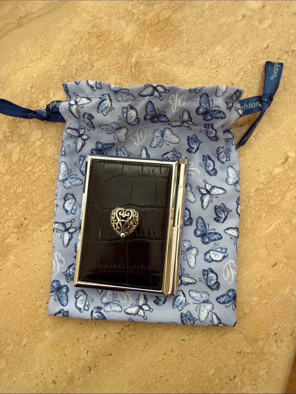 Brighton Black Croc-Embossed Mirror/notepad Case with Silver Heart Accent